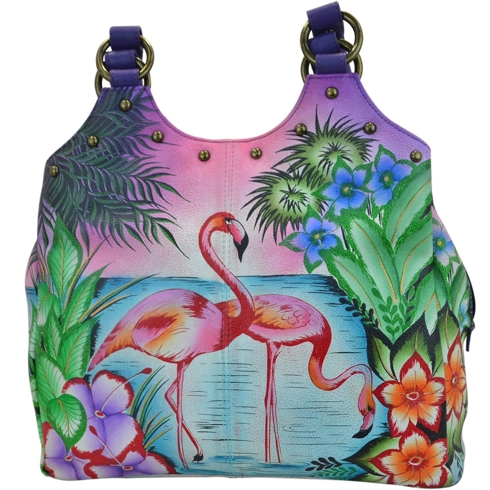 NWOT Anuschka Flamingo Triple Compartment Satchel, Two Fold Wallet, Key Charm
